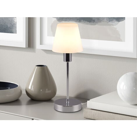 MEINEWUNSCHLEUCHTE LED Touch Tischleuchte mit Glasschirm Weiß & Fuß in Chrom, Höhe 32cm