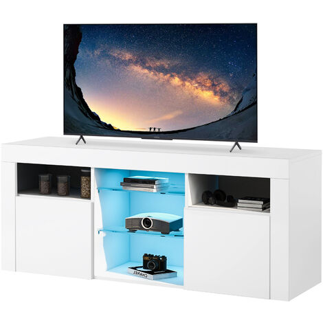 LED TV Stand High Gloss 120CM TV Stands TV Entertainment Unit, with 2 cabinets 4 shelves, White