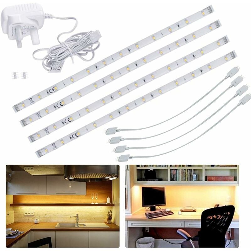 Led Under Kitchen Cupboard/Cabinet Strip Lights, Linkable Plug in Light Bars for Shelf Closet Showcase Bedside Under Counter (Warm White, 4 x 30cm)