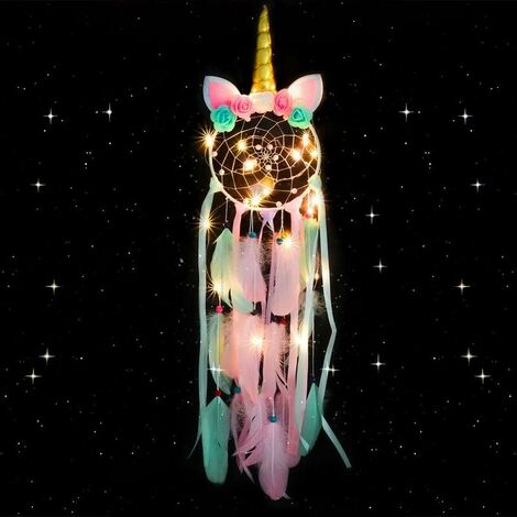 LED Unicorn Dream Catcher Handmade Dreamcatcher Colorful Feather Dream Catcher with Lights Presents for Girls Wall Hanging Decorations,Ornaments Craft and Bedroom Accessories-Cyan