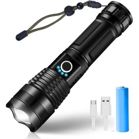 HOUHENCE LED USB Rechargeable Ultra Puissante 3000 Lumens CREE XHP50 Lampe Torche, 5 Modes IP65 Étanche Militaire Zoomable pour Camping Randonnée(Pile Rechargeable Incluse)