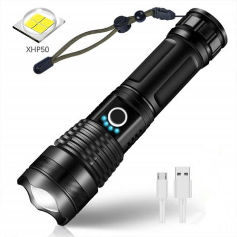 LUCKY-88 LED USB Rechargeable Ultra Puissante 3000 Lumens CREE XHP50 Lampe Torche, 5 Modes IP65 Étanche Militaire Zoomable pour Camping Randonnée(Pile Rechargeable Incluse)
