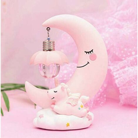 LED Veilleuse Résine Lune Licorne Dessin Animé Bébé Lampe de Chevet Enfants Enfant Fille Jouet Cadeau De Noël Décoration de Chambre Enfant (Rose)