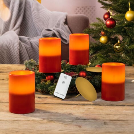 LED Wachskerzen rot mit Kerzentellern gold - 4er Set - Künstliche Stumpen Kerzen mit Fernbedienung