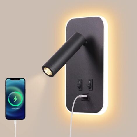 LED Wall Light, Bedside Reading Light with Switch, USB Charging Port, Bedroom Mood Lighting Adjustable Spotlight Black [Energy Class F]