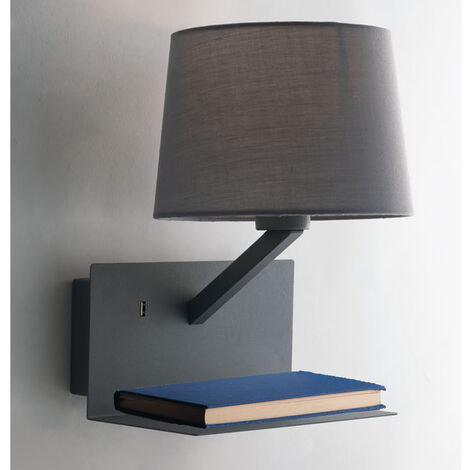 LED Wandleuchte Grau & Stoffschirm mit USB Ladefunktion & Ablage, Höhe 31cm