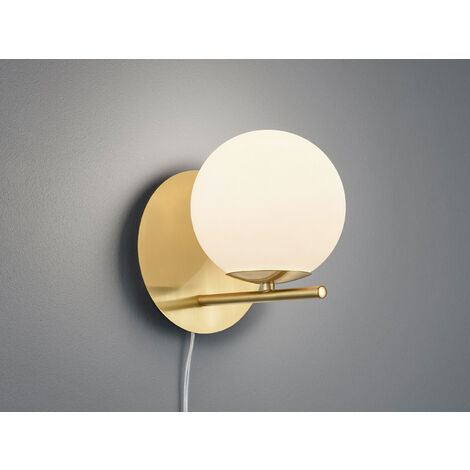 LED Wandleuchte in Messing matt mit Kugel Lampenschirm aus Opalglas, Höhe 21cm
