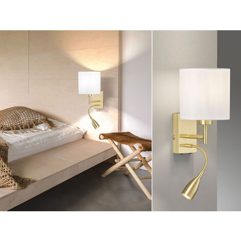 LED Wandleuchte Messing mit Leselampe & Stoffschirm Weiß, Höhe 24cm