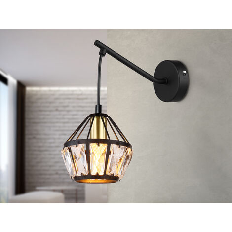 LED Wandleuchte mit Glaskristallen Metall Schwarz Gold, Höhe 25cm