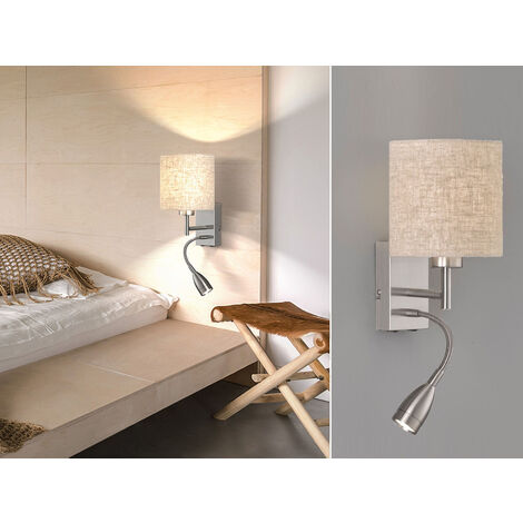 LED Wandleuchte mit Leselampe & Stoffschirm Beige, Höhe 24cm