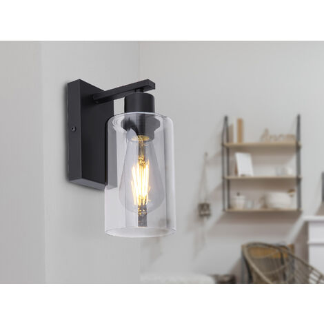 LED Wandleuchte mit Rauchglas Lampenschirm Metall Schwarz, Höhe 23cm