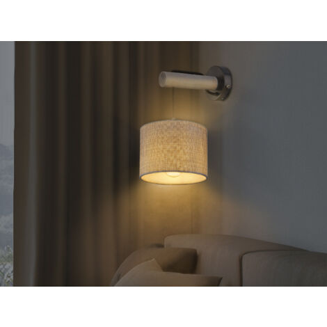 LED Wandleuchte mit Schalter, Holz und Stoffschirm Grau, Höhe 33,5cm