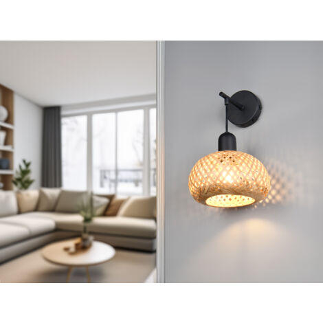 LED Wandleuchte mit Schalter & Korb Lampenschirm aus Bambus, Höhe 30cm