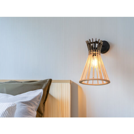 LED Wandleuchte mit Schalter & Lamellen Lampenschirm in Holzoptik, Höhe 24cm