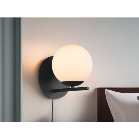LED Wandleuchte Schwarz mit Glaskugel, Stecker und Schalter, H: 21cm