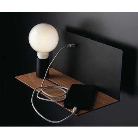 LED Wandleuchte Schwarz mit USB Ladefunktion & Ablage - Glühbirne verstellbar