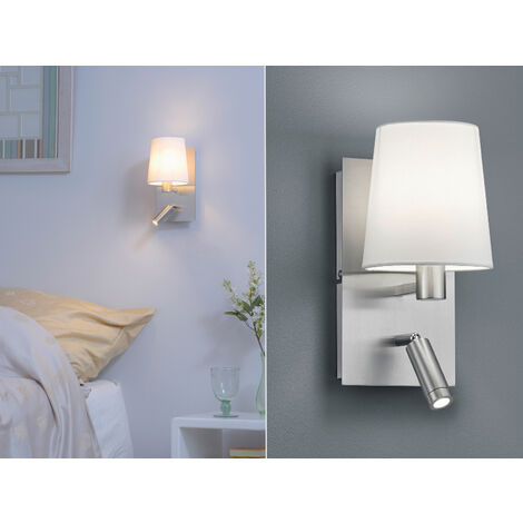 LED Wandleuchte Silber mit schwenkbarem Leselicht & Stoffschirm Weiß, Höhe 31cm