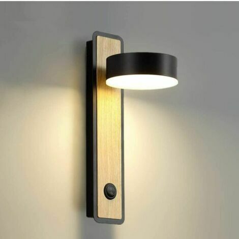 LED Wandleuchte Wandleuchten Innenbeleuchtung Holzwandleuchte für Schlafzimmer Wohnzimmer Büro Flur, 350° drehbar (Schwarz)