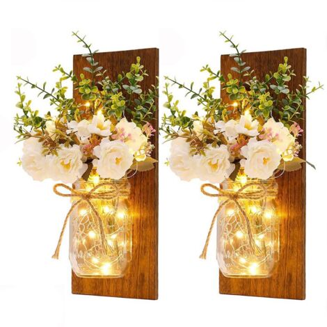 LED-Wandleuchten im Mason-Jar-Design für den Innen- und Außenbereich mit Timerfunktion und 8 Lichtmodi – 2er-Pack in Weiß, Grau oder Braun (Holzoptik), 33 cm hoch