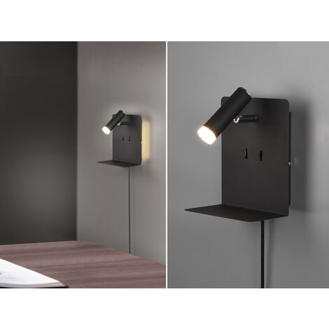 LED Wandspot ELEMENT Schwarz mit Schalter, Stecker & USB, Breite 16cm