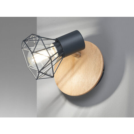 LED Wandstrahler Gitterlampe Grau / Holz mit Schalter, Breite 11cm
