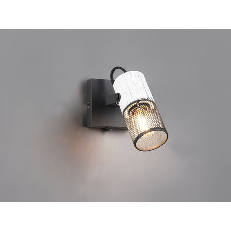LED Wandstrahler mit Schalter, Schwarz mit Holz Weiß & Gitterschirm, Breite 9cm