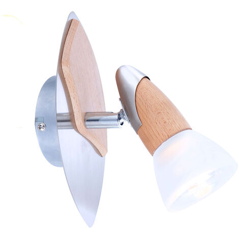 LED Wandstrahler Silber matt mit Holz, Glasschirm satiniert, Breite 9,5cm
