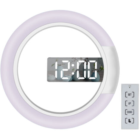 LED-Wanduhr mit durchbrochenem Spiegel, Fernbedienung, rundem Digitalwecker, 7-farbigem Nachtlicht, einstellbarer Helligkeit, 12/24-Stunden-Modus, Temperaturanzeige, Alarm- und Schlummerfunktion.