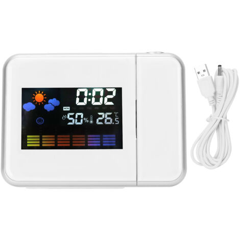 LED-Wanduhr mit Innenprojektion, Thermometer, Hygrometer, Wettervorhersage und ewigem Kalender – Weiß