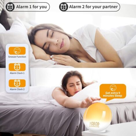 LED-Wecklicht mit Radiowecker, beleuchtete Nachttischlampe, 20 Helligkeitsstufen, Sonnenaufgangs- und Sonnenuntergangssimulator, 2 Alarme, 7 Naturgeräusche, Schlummerfunktion, 7 Farben, Kinder-Nachtli
