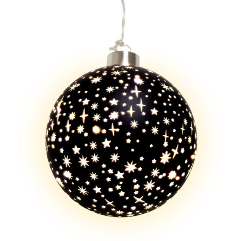 LED Weihnachts Glaskugel Sterne schwarz matt mit Timer - 12 cm - Deko Kugel warm weiß beleuchtet Batterie betrieben - Advent Winter Stimmungslicht Christbaumkugel edel elegant