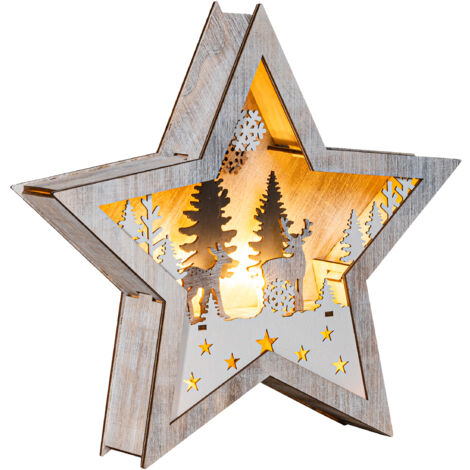 LED Weihnachts Stern aus Holz 25 cm - Rentier im Wald - Deko Aufsteller warm weiß beleuchtet - Weihnachten Advent Winter Stern Tisch Deko Beleuchtung Batterie betrieben