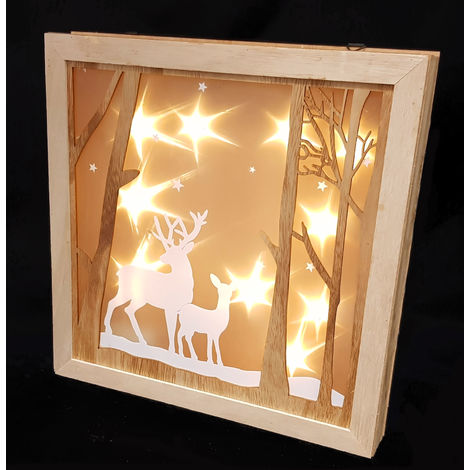 LED Weihnachtsdeko Rentier - 30x30 cm - Holz Fensterdeko beleuchtet mit Hologramm Effekt