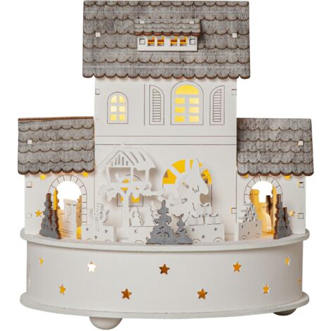LED Weihnachtsdorf ,Grauberg' mit Zug, Spieluhr, Timer, Batterie, Holz
