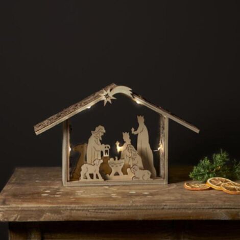 LED Weihnachtskrippe ,Yuletide', Weihnachtsleuchte, Batterien + Timer, natur, B 26,5cm, H 16,5cm