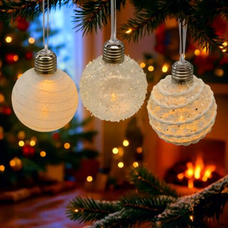 LED Weihnachtskugel satiniert 8 cm inklusive Batterie - 3er Set - Kunststoff Baumkugeln warm weiß beleuchtet