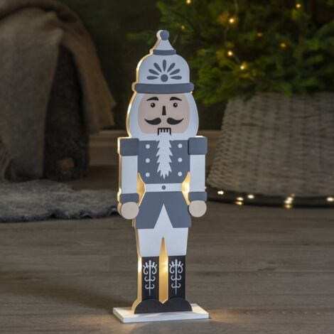 LED Weihnachtsleuchte ,Nutcracker', leuchtender Nussknacker aus Holz, 10 LEDs, Batterie + Timer, Grautöne, H 52cm