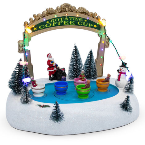 LED Weihnachtsszene Eisbahn mit Kaffee Tassen mit Musik - 27 x 21 cm - Deko Winterstadt Szene beleuchtet Batterie betrieben - Weihnachtsdorf Szene Tischdekoration Weihnachtsdeko
