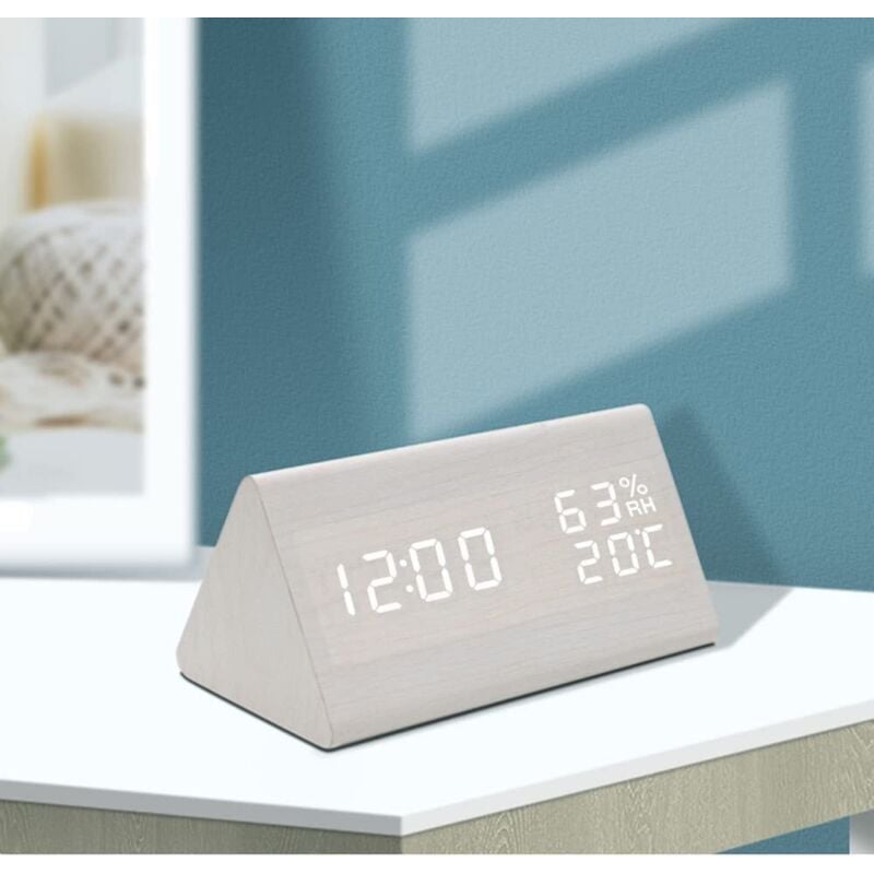 Led Wooden Electronic Alarm Clock, Digital Clock with 3 Alarm Settings, usb Powered Digital Alarm Clock Time, Temperature and Humidity Display, 12/24