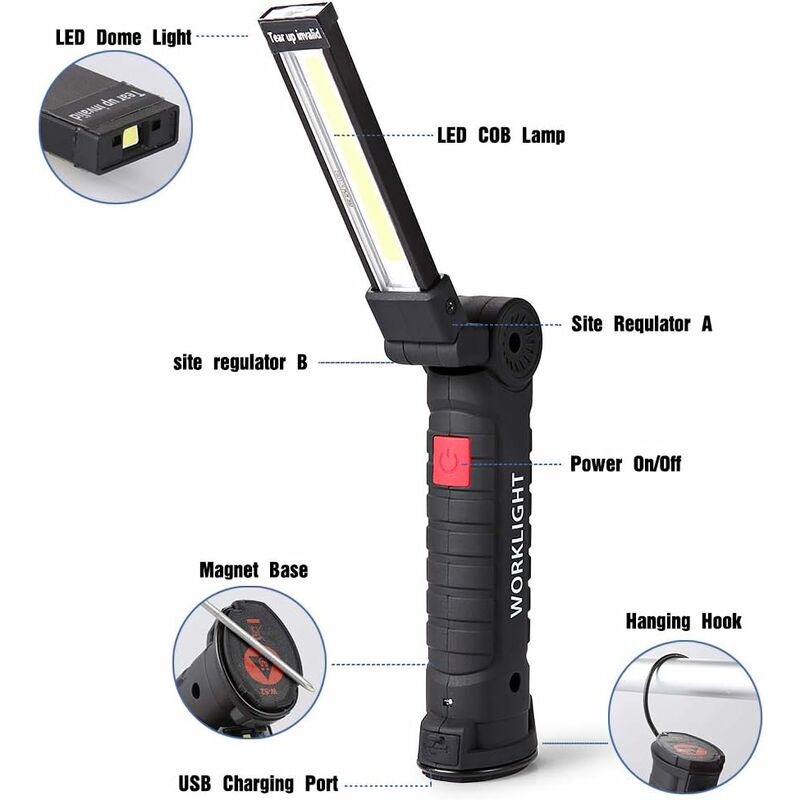 Pesce - Led Work Light Led Work Light Torch Led Workshop Light Rechargeable Led Inspection Light Flashlight Magnetic Base 5 Modes For Garage,