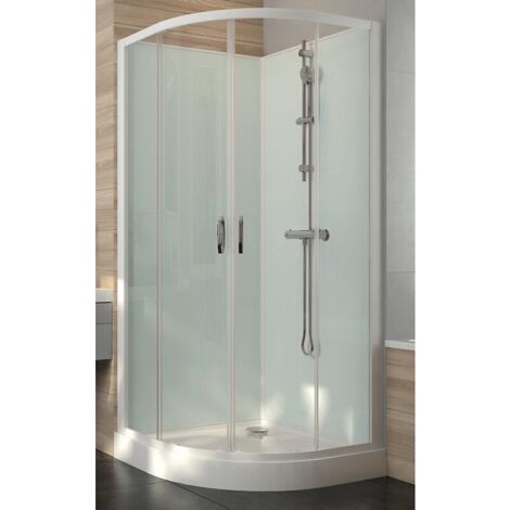 Leda – Cabine de douche 1/4 de rond à portes coulissantes – Vitrage transparent – Receveur acrylique 90 x 90 cm – Douchette à main incluse