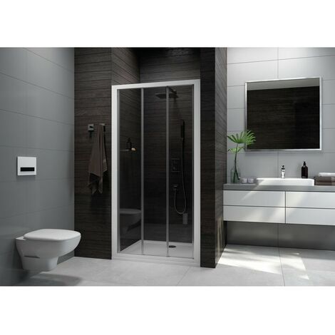 Leda – Porte de douche coulissante 3 vantaux – Accès de face – Largeur 100 cm – Verre 5 mm – Aluminium laqué blanc – Installation en niche ou angle