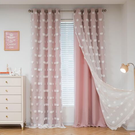 LEDANDER 2pcs Rideaux occultants pour chambre à coucher en deux parties, rideaux à boules de fleurs coupées, rideaux double couche, 132 cm x 244 cm, rose