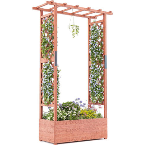 LEDANDER Carré potager surélevé en bois avec treillage – Jardinière avec supports latéraux, auvent et trous de drainage – Idéal pour plantes grimpantes, vignes et fleurs – 110 x 44 x 182 cm