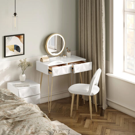 LEDANDER Coiffeuse avec miroir et tabouret, éclairage LED, chaise en velours, 2 tiroirs, design moderne, finition blanc brillant, pieds en métal doré.