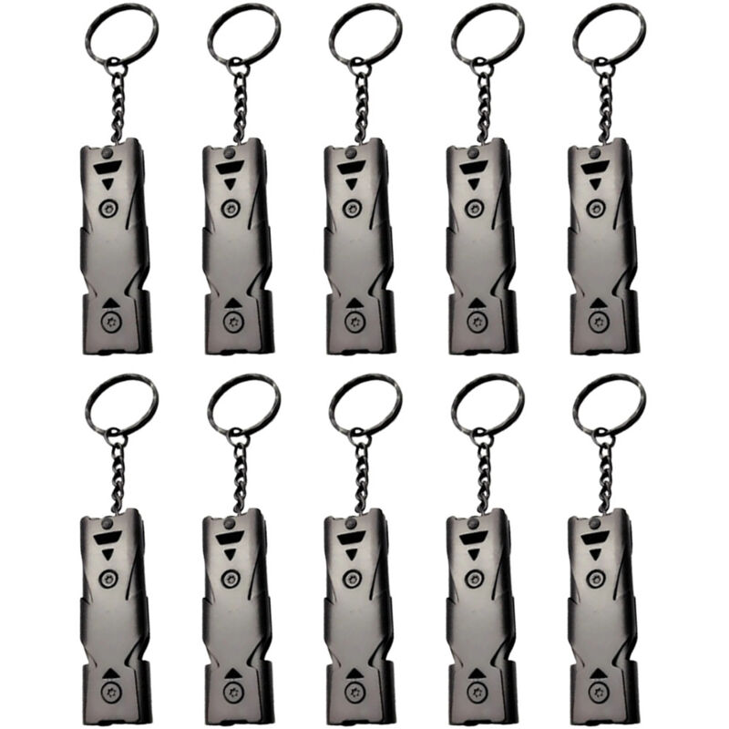 LEDANDER 10-Pack Stainless Steel Referee Whistles, Survival Whistles, Double Tube Metal Keychains, Metal Emergency Alert Whistles, Black