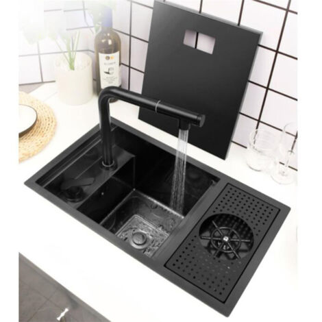 LEDANDER Évier de cuisine (55 x 45 cm) — Évier simple cuve en acier inoxydable 304, avec robinet à col de cygne et rince-verres, évier à légumes
