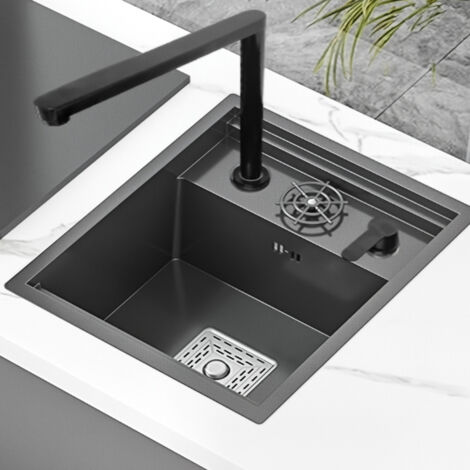 LEDANDER Évier de cuisine encastrable (type bar), à cuve unique avec couvercle dissimulé et rince-verre-Poste de travail multifonction (45 x 38 cm)