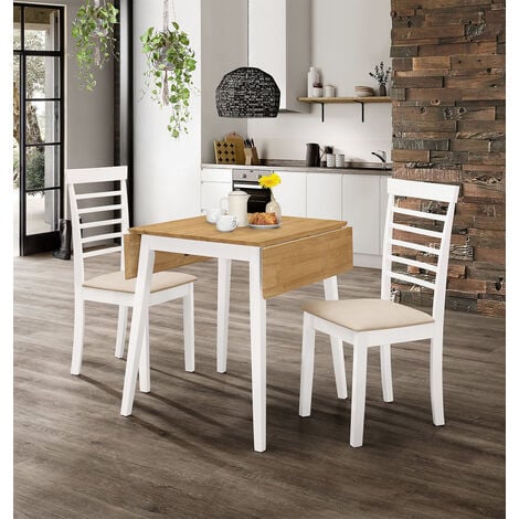 Ledbury Small Wooden Drop Leaf Dining Table and 2 Chairs Set in White & Oak Finish