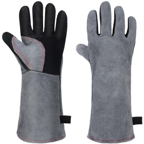 Leder-Grillhandschuhe, hitzebeständige Ofenhandschuhe, verdickte Schweißerhandschuhe, feuer- und hitzebeständig, für Grillen, Backofen, Schweißen, Kamin, Gartenarbeit – Grau